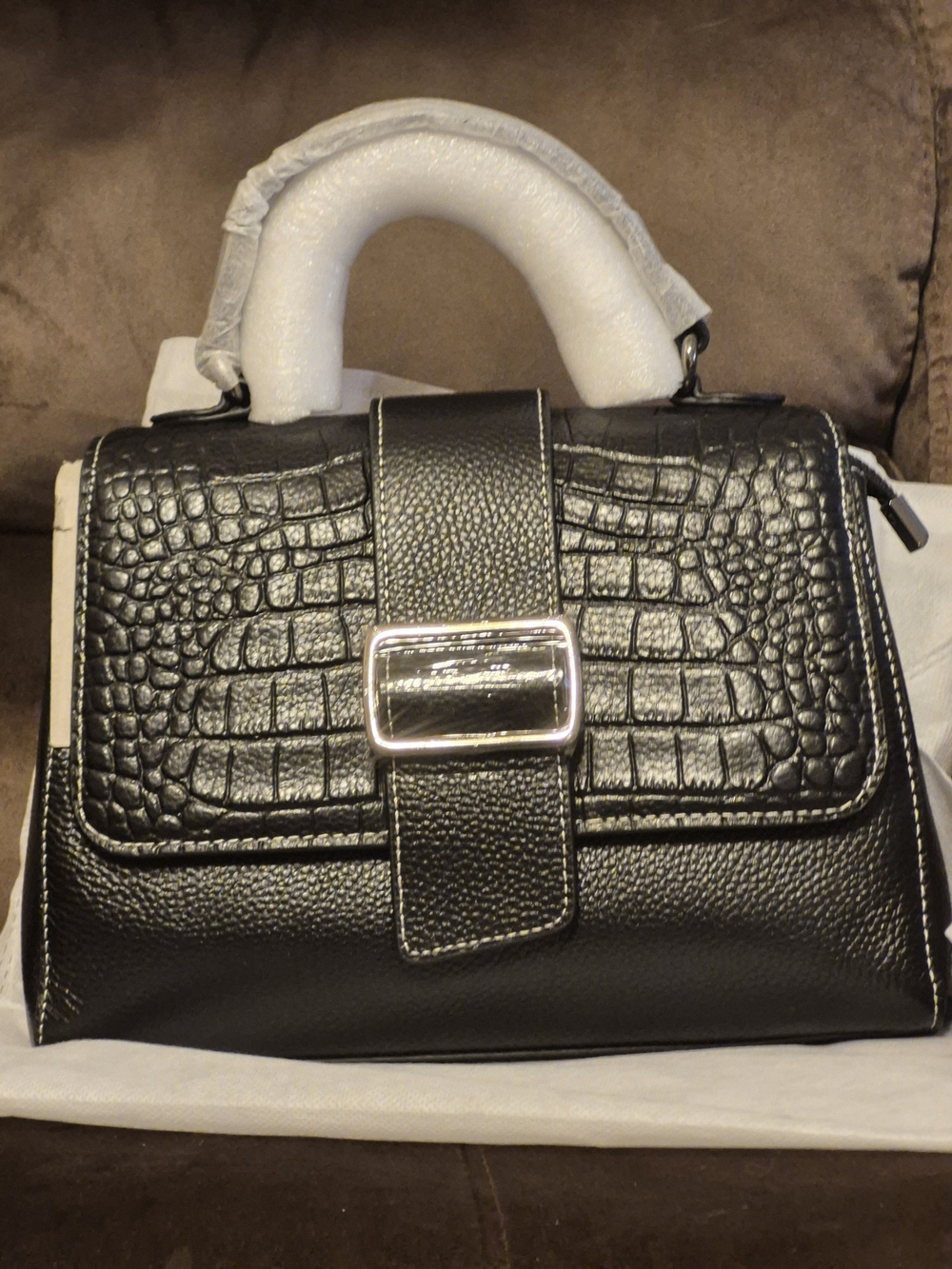 Genuine Leather Black Croc-Embossed Crossbody Satchel